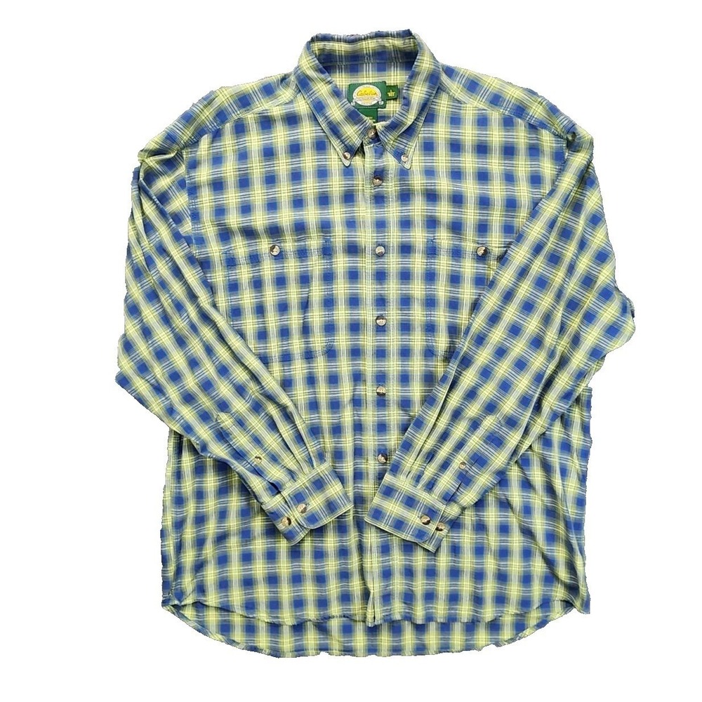 Cabelas Mens Large Blue‎ Lime Green Plaid Long Sleeve Cotton Button Down Shirt